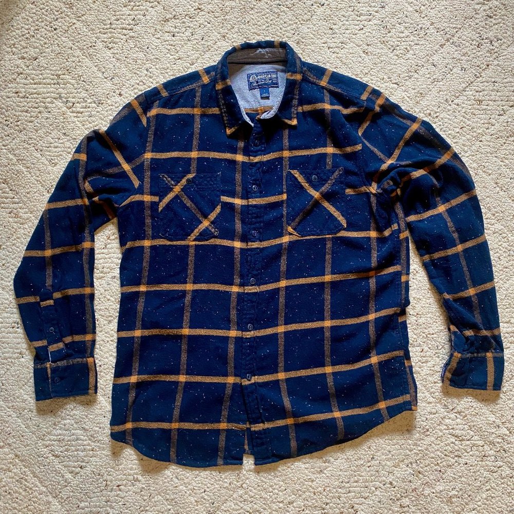 American Rag Navy & Orange Plaid Flannel Utility Shirt, Size Large